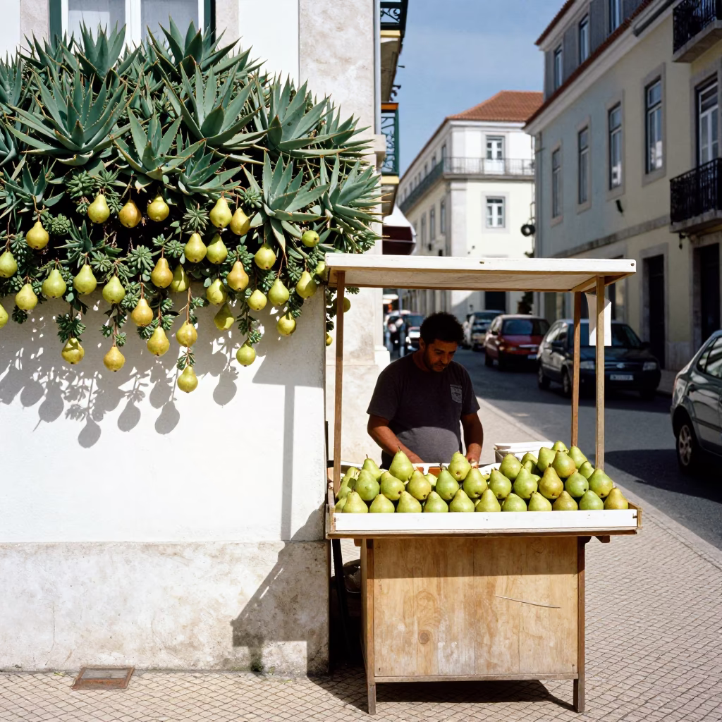 Lisbon street scene with succulent wall and pears under noon glare in in Lisbon, Portugal