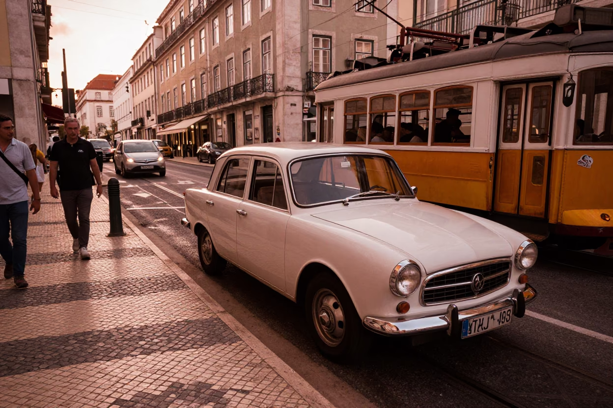 Lisbon street scene with vintage car and tram in copper dusk light in in Lisbon, Portugal
