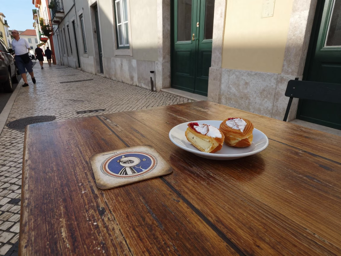 Lisbon Street Scene with Vintage Coaster and Traditional Pastries in Late Afternoon Light in in Lisbon, Portugal