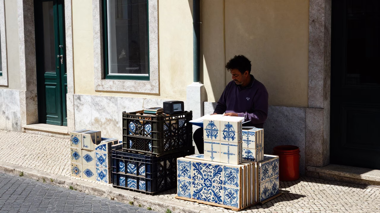 Lisbon Street Vendor Noon Light Majolica Tiles and Steel Reflection in in Lisbon, Portugal