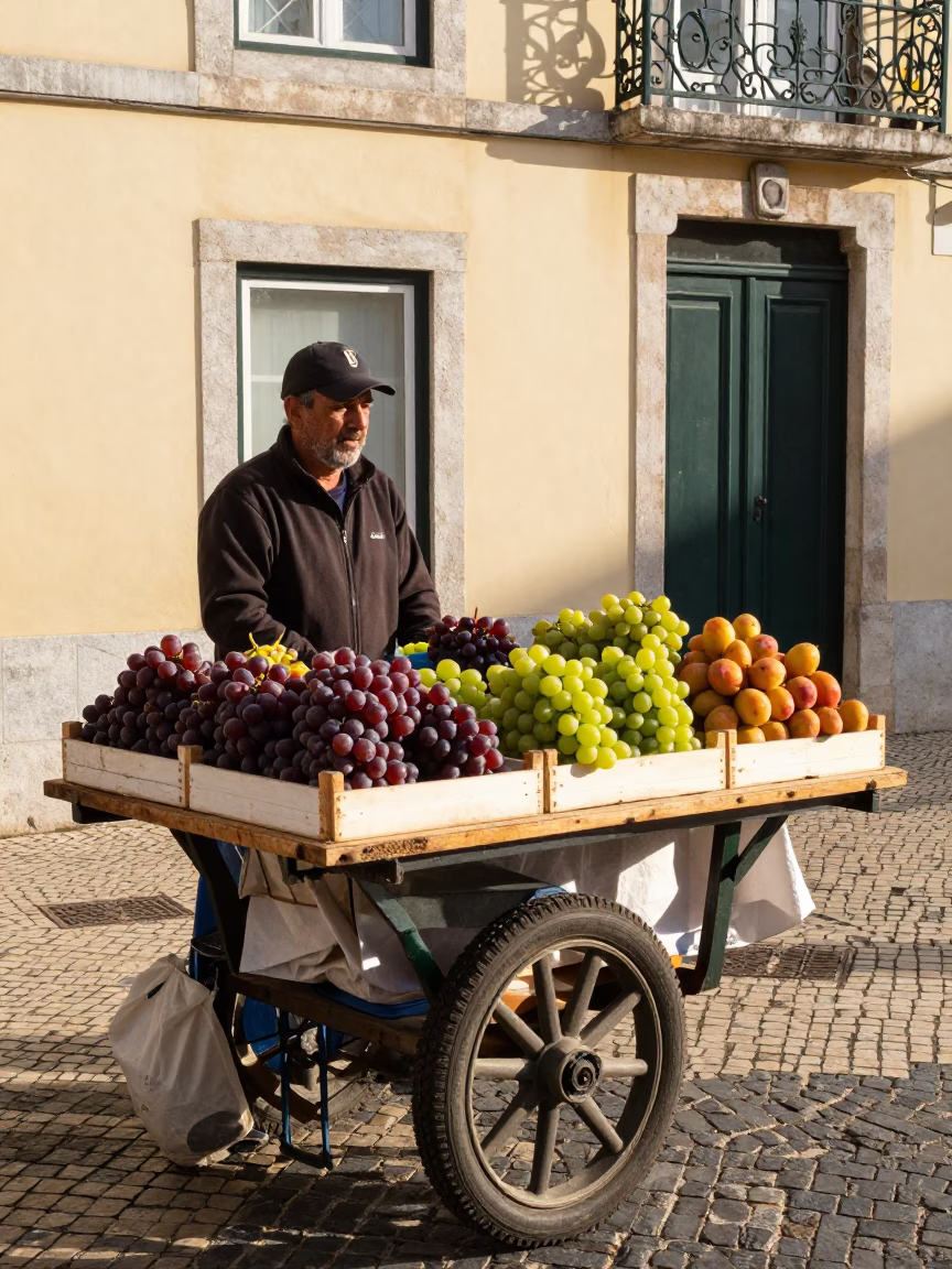 Lisbon Street Vendor Selling Fresh Fruit and Grapes in Late Afternoon Sunlight in in Lisbon, Portugal