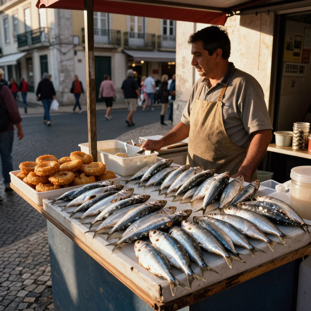 Lisbon street vendor selling fresh sardines and loukoumades in late afternoon light in in Lisbon, Portugal