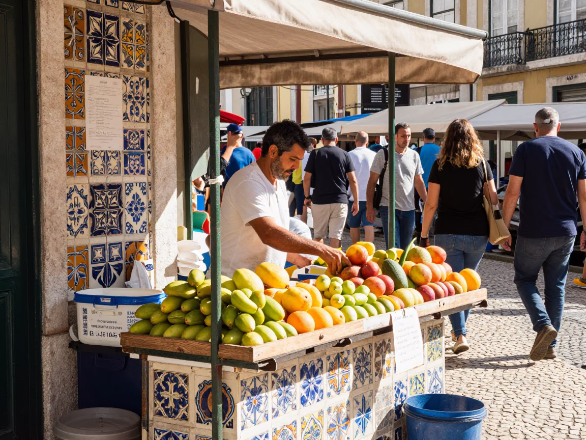 Lisbon street vendor stall with colorful tiles and busy morning activity in in Lisbon, Portugal