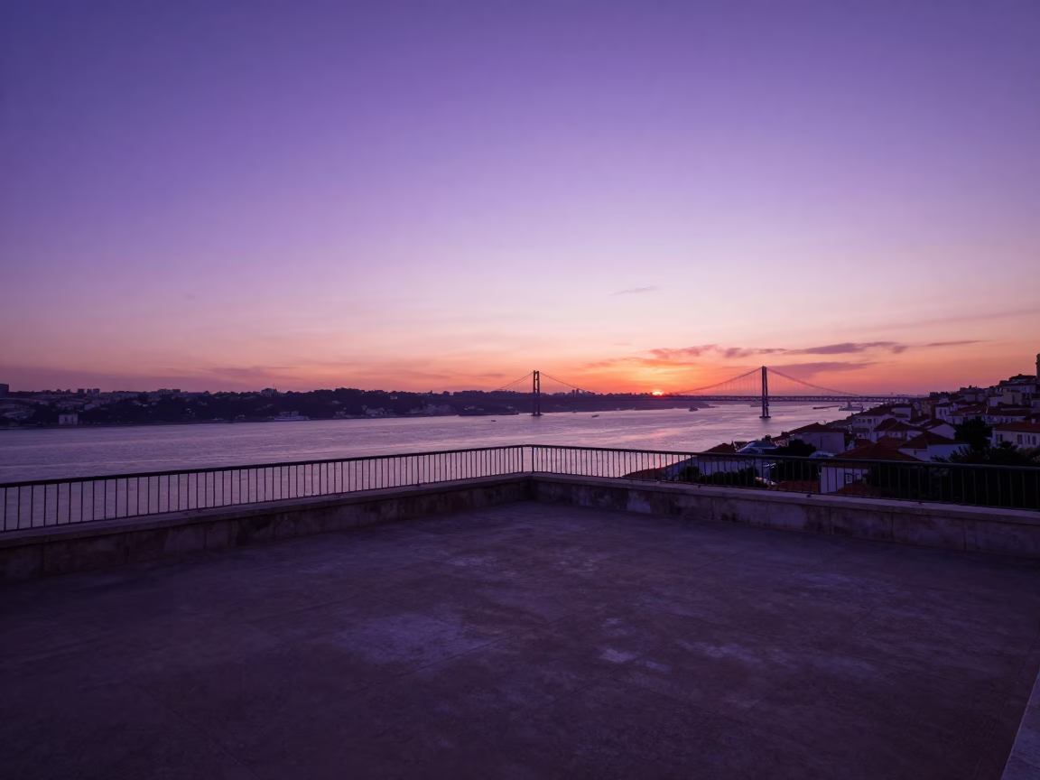 Lisbon Sunset Horizon View from Dam Observation Deck with Amber Beacons in in Lisbon, Portugal
