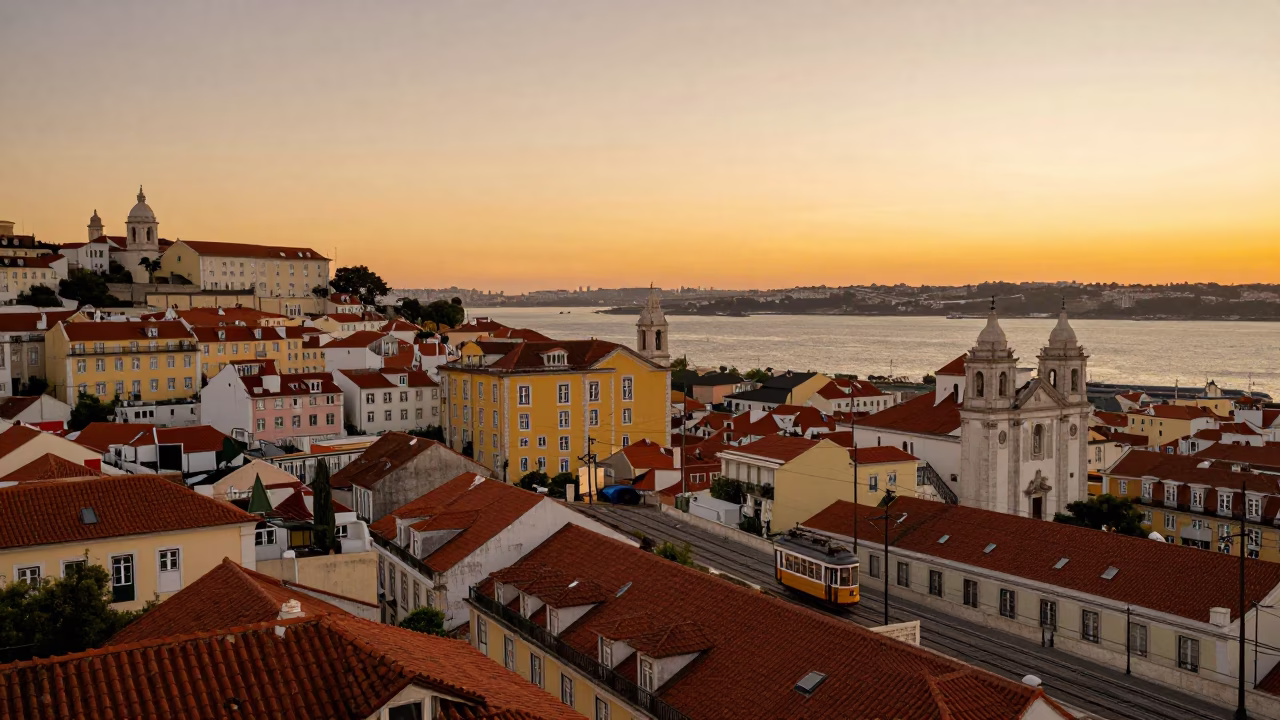 Lisbon Sunset Horizon View Over Historic Tram Tracks and Urban Skyline in in Lisbon, Portugal