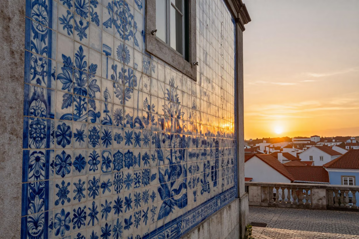 Lisbon Sunset Scene with Blue White Porcelain Tiles and Water Taxi on Tagus River in in Lisbon, Portugal
