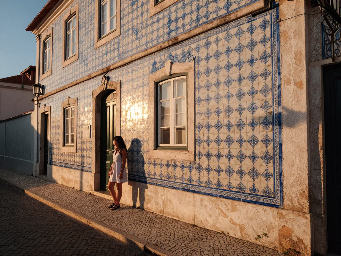 Lisbon Sunset Scene with Traditional Azulejo Tiles and Local Street Life in in Lisbon, Portugal