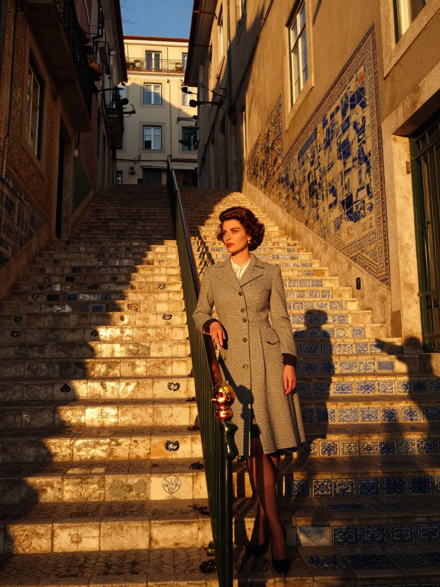 Lisbon Sunset Stair Rail and Grease Sheen in 1950s High Fashion Street Scene in in Lisbon, Portugal