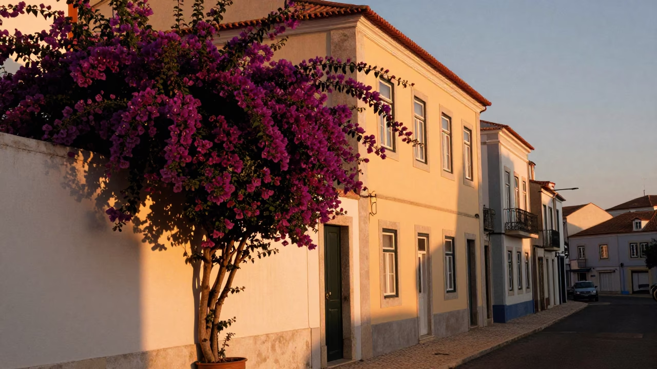 Lisbon Sunset Street Scene with Bougainvillea and Vintage 1980s Life in in Lisbon, Portugal