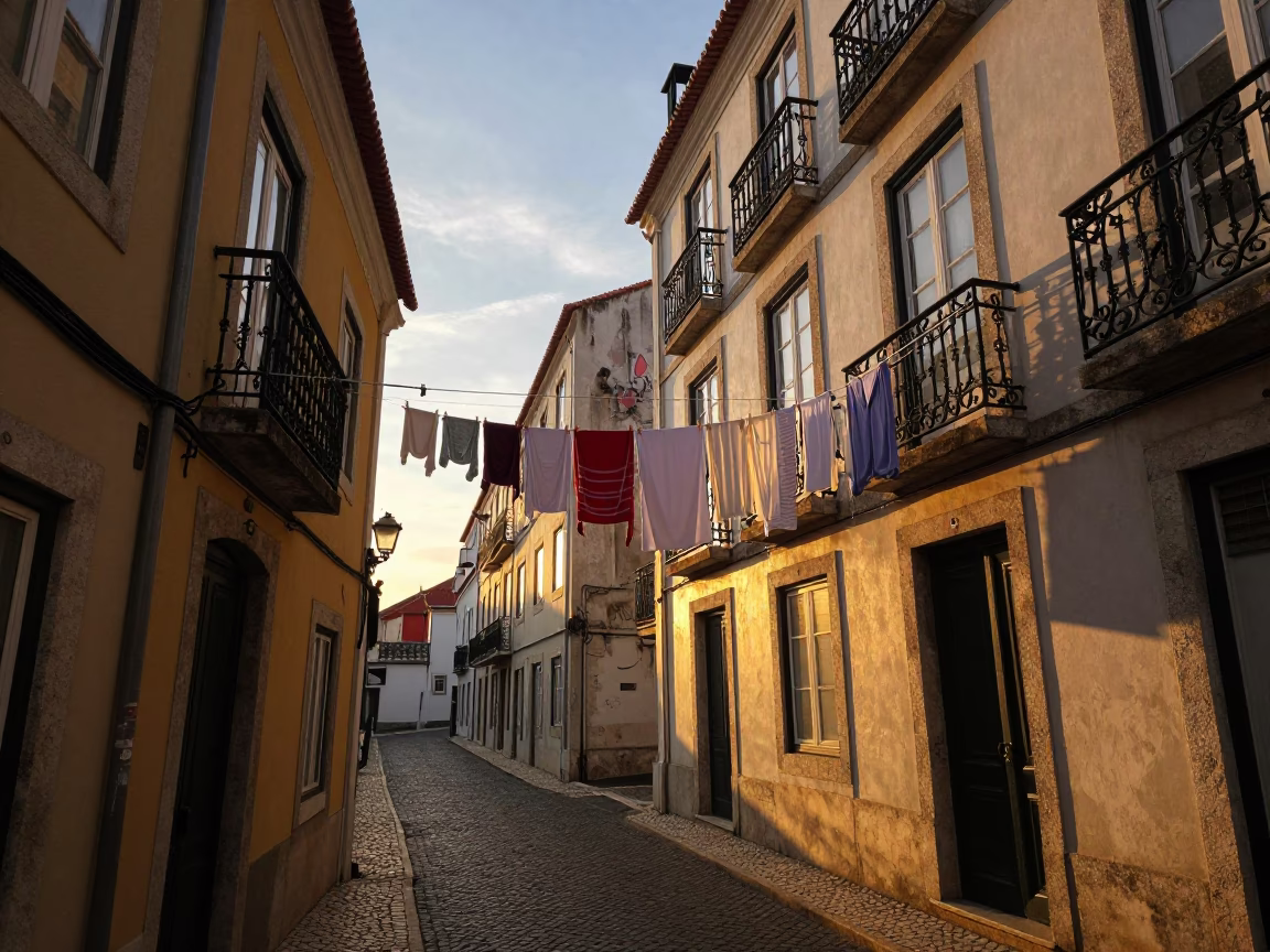 Lisbon Sunset Street Scene with Drying Laundry and Local Market Goods in in Lisbon, Portugal