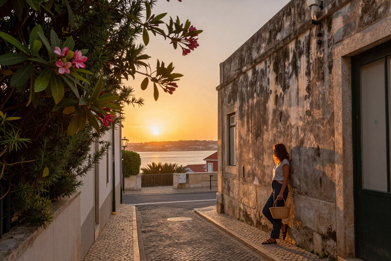 Lisbon Sunset Street Scene with Frangipani Branch and Rosemary Sprigs in in Lisbon, Portugal