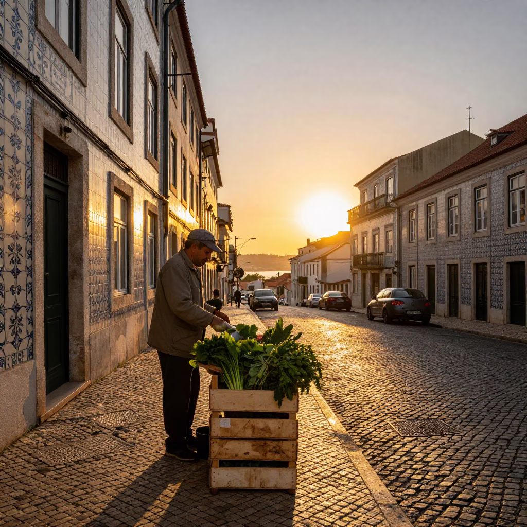 Lisbon Sunset Street Scene with Herb Vendor and Traditional Tram Reflections in in Lisbon, Portugal