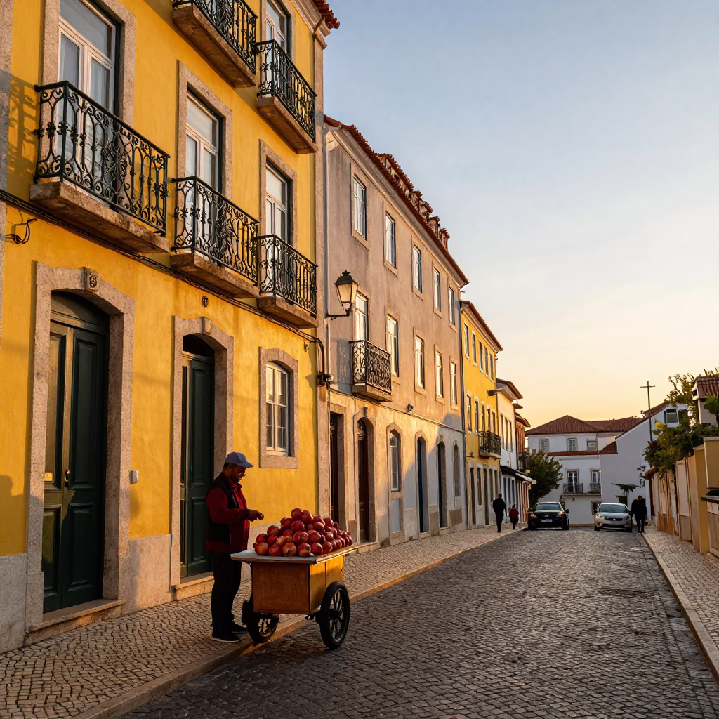 Lisbon Sunset Street Scene with Pomegranate Vendor and Yellow Tram in in Lisbon, Portugal