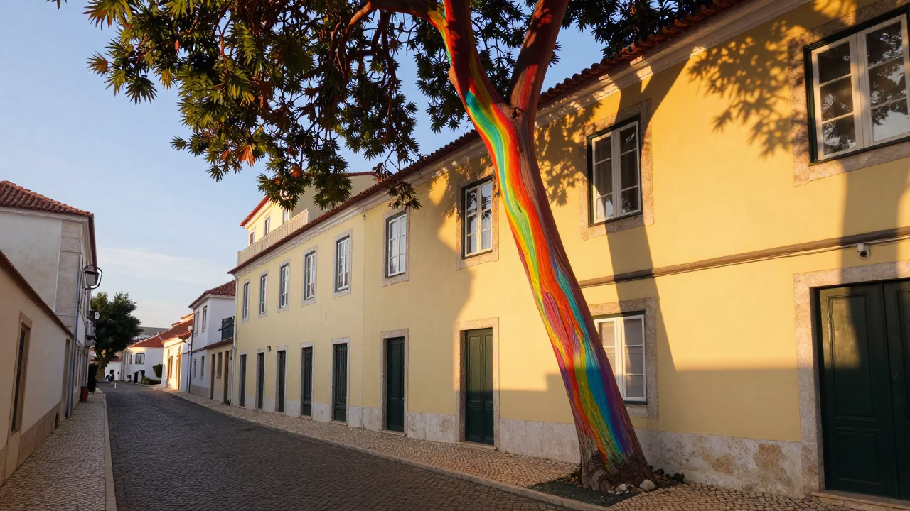 Lisbon Sunset Street Scene with Rainbow Eucalyptus and Traditional Tram in in Lisbon, Portugal