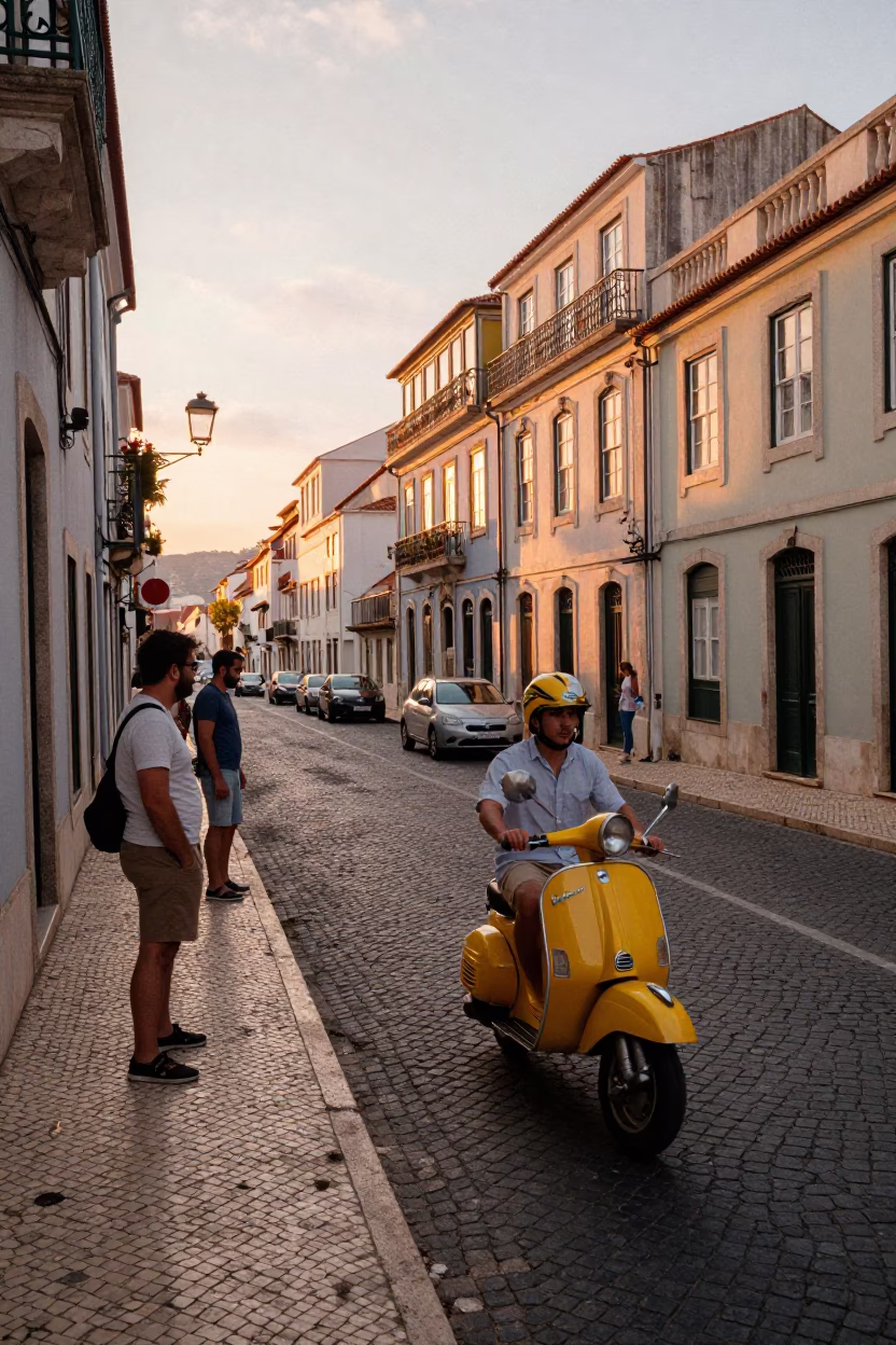 Lisbon Sunset Street Scene with Scooter Weaving Through Historic Old Town in in Lisbon, Portugal