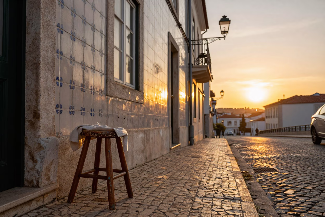 Lisbon Sunset Street Scene with Scratched Stool and Linen Detail in in Lisbon, Portugal