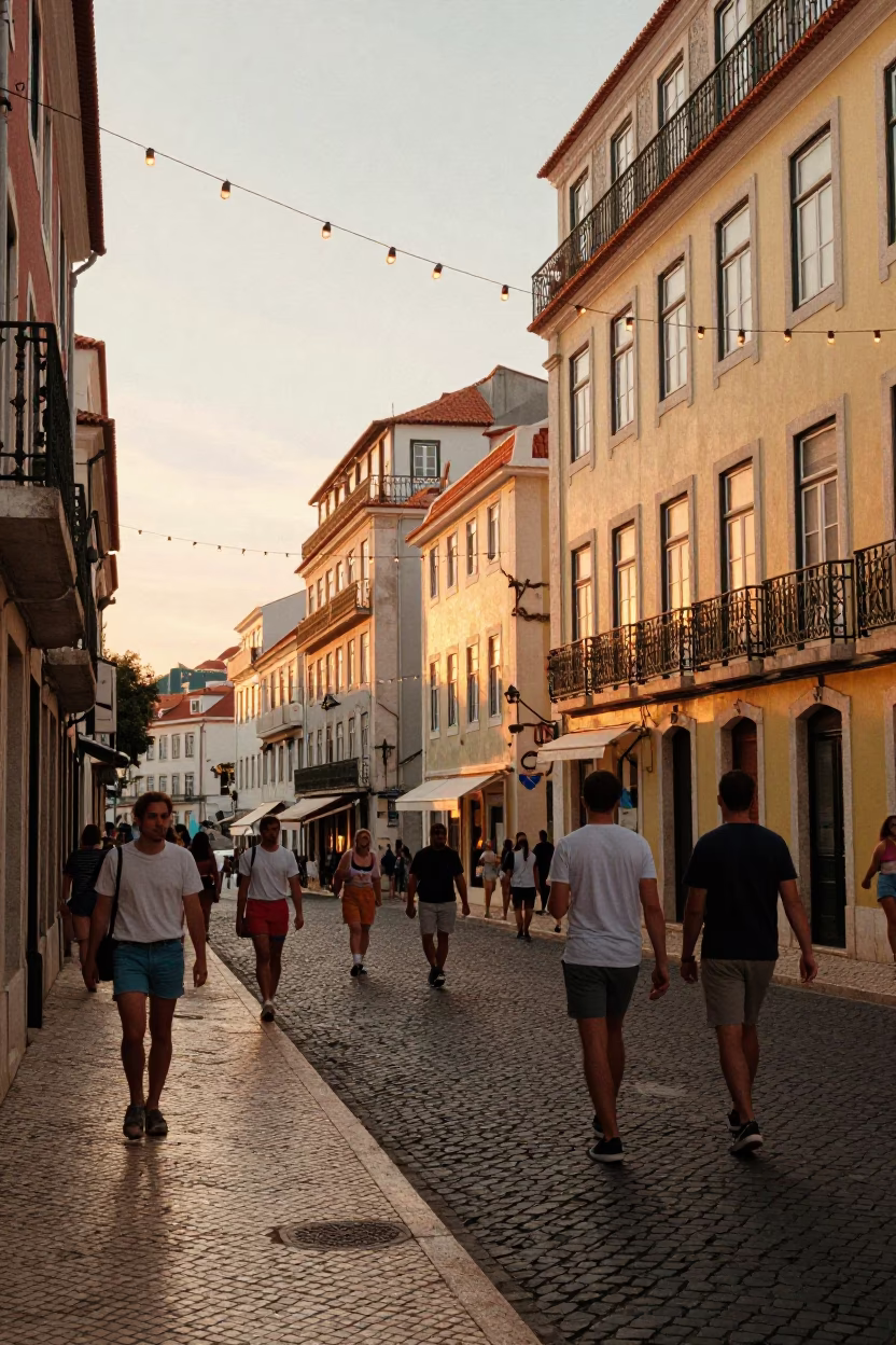 Lisbon Sunset Street Scene with String Lights and Gelato Display in in Lisbon, Portugal