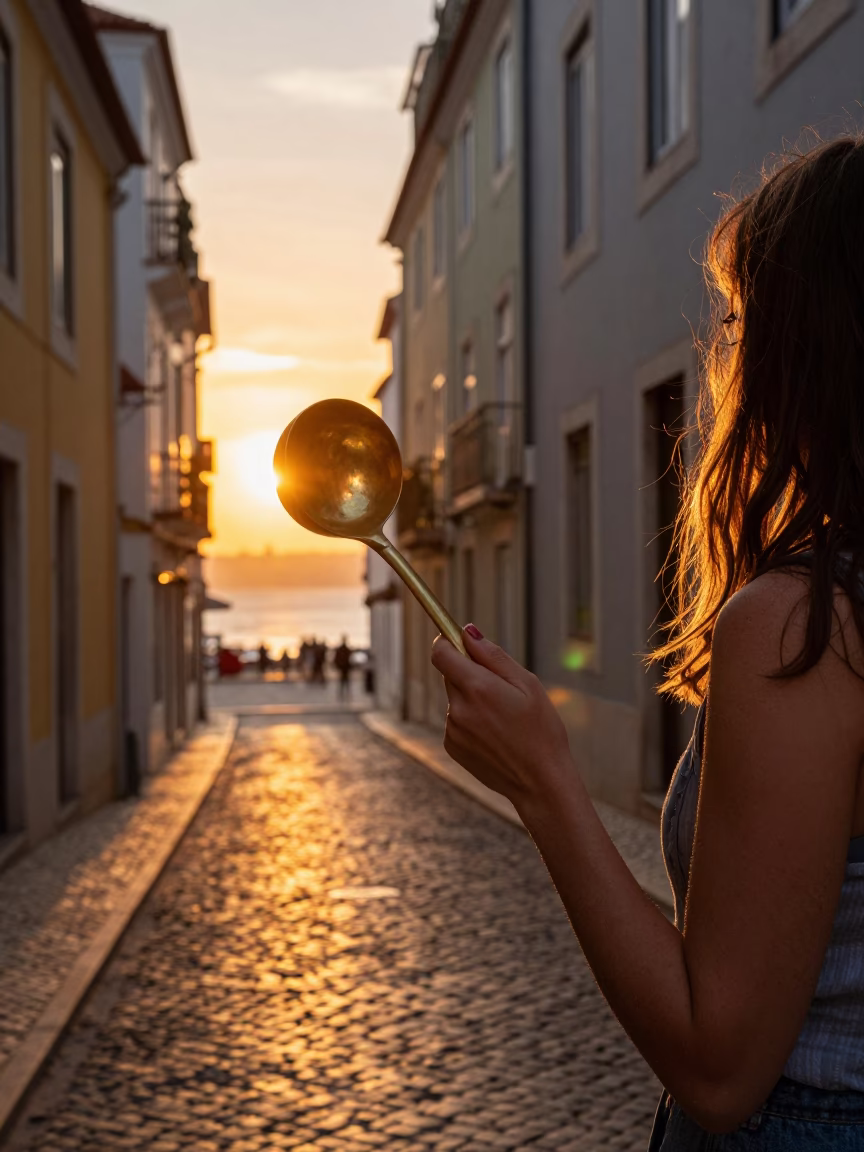 Lisbon Sunset Street Scene with Traditional Ladle and Fig Tree in in Lisbon, Portugal