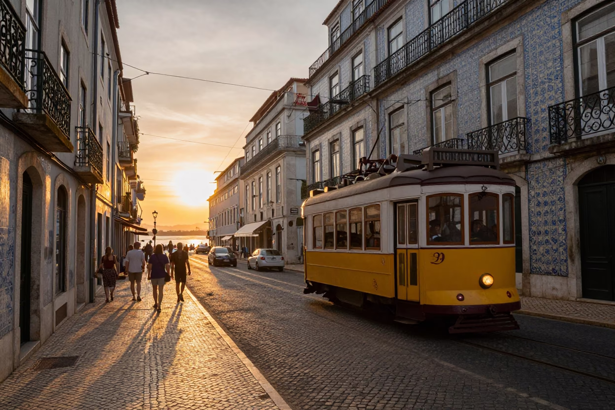 Lisbon Sunset Street Scene with Tram and Traditional Azulejo Tiles in in Lisbon, Portugal