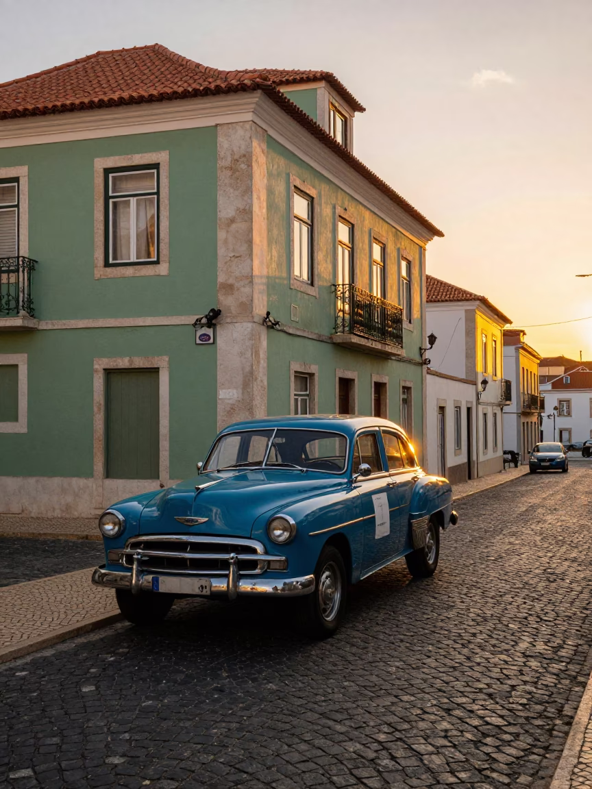 Lisbon Sunset Street Scene with Vintage Car and Blue Porcelain Jar in in Lisbon, Portugal