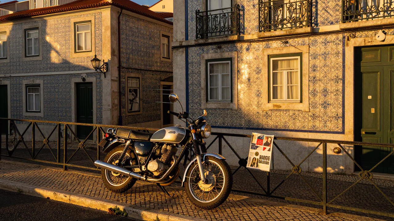 Lisbon Sunset Street Scene with Vintage Motorcycle and Magazine Rack in in Lisbon, Portugal