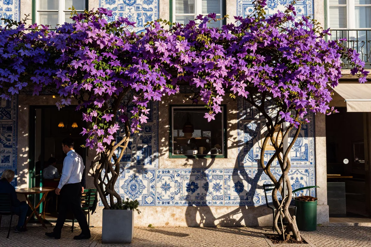 Lisbon Terrace Afternoon with Purple Clematis Vine and Traditional Azulejo Tiles in in Lisbon, Portugal