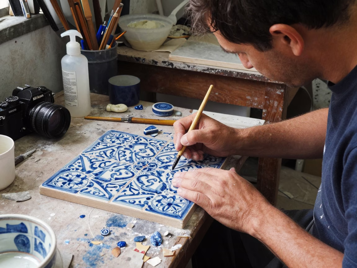 Lisbon Tile Maker Painting Ceramic Patterns by Hand in Early Afternoon Sunlight in in Lisbon, Portugal
