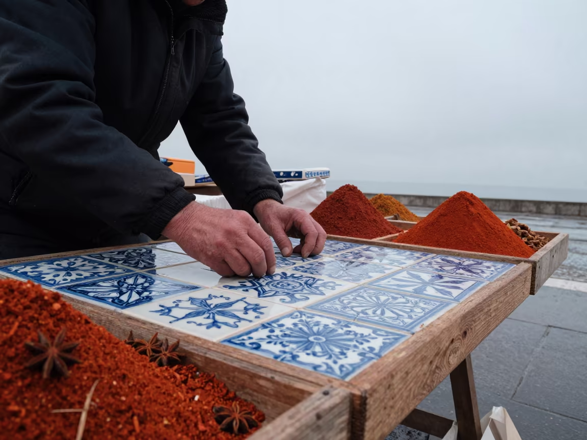 Lisbon Tiles at Zhengzhou Spice Market in at a spice vendor's table in Zhengzhou