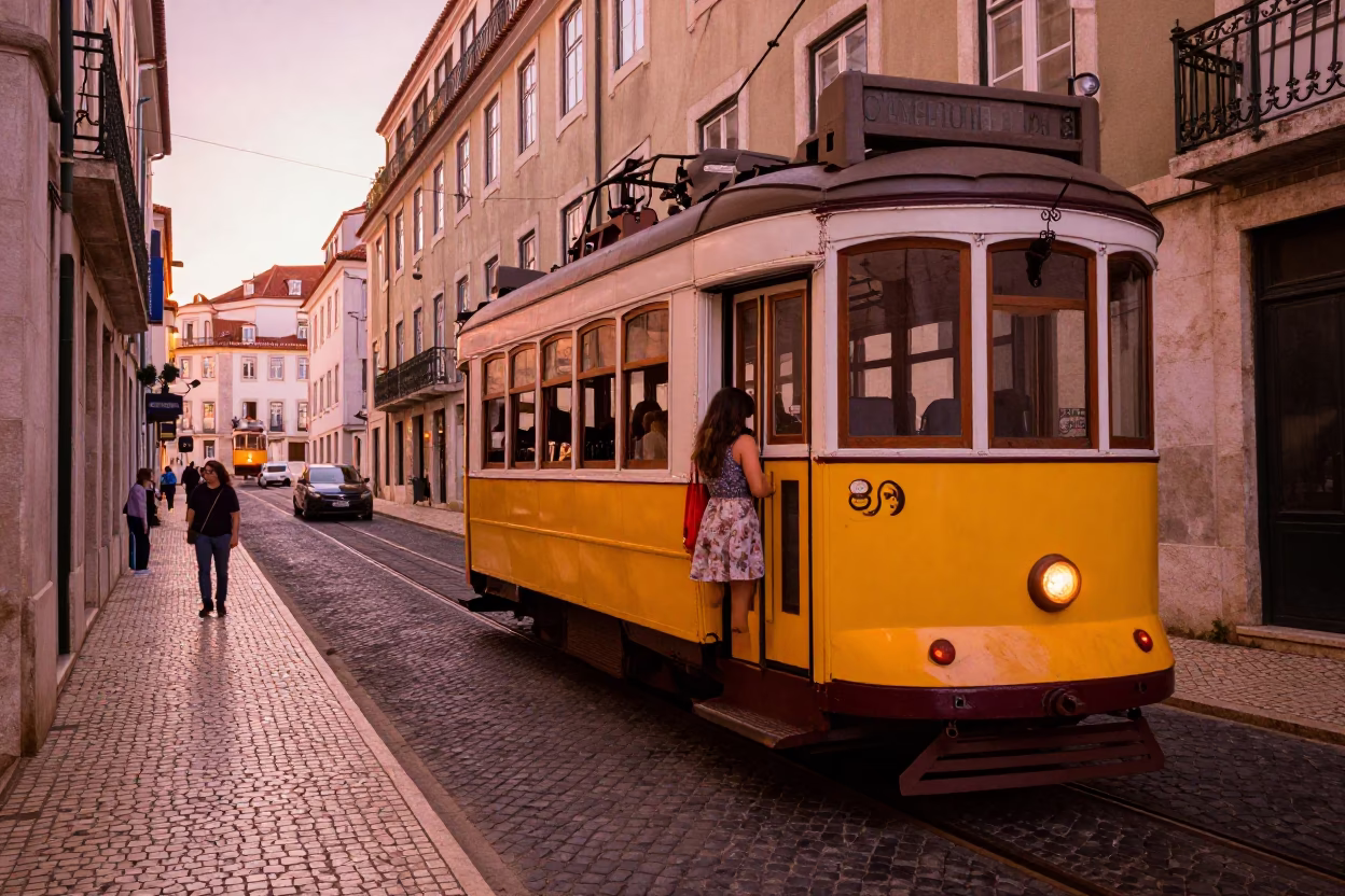 Lisbon Tram 28 Copper Dusk Street Scene Vintage Majolica and Local Life in in Lisbon, Portugal