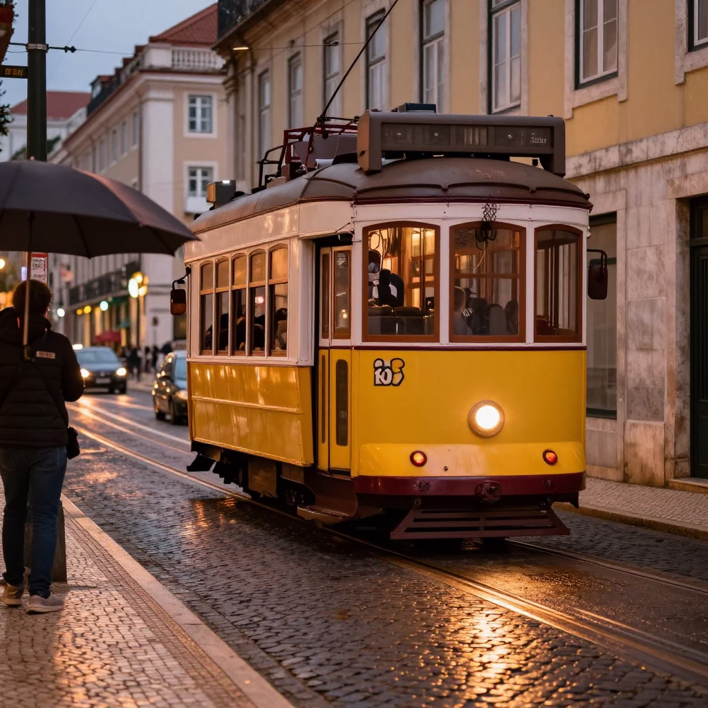 Lisbon Tram 28 Copper Dusk Street Scene with Umbrella Stand in in Lisbon, Portugal
