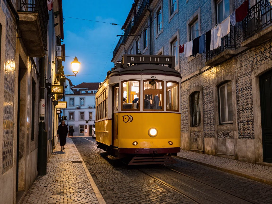 Lisbon Tram 28 Dusk Street Scene with Traditional Tilework and City Lights in in Lisbon, Portugal