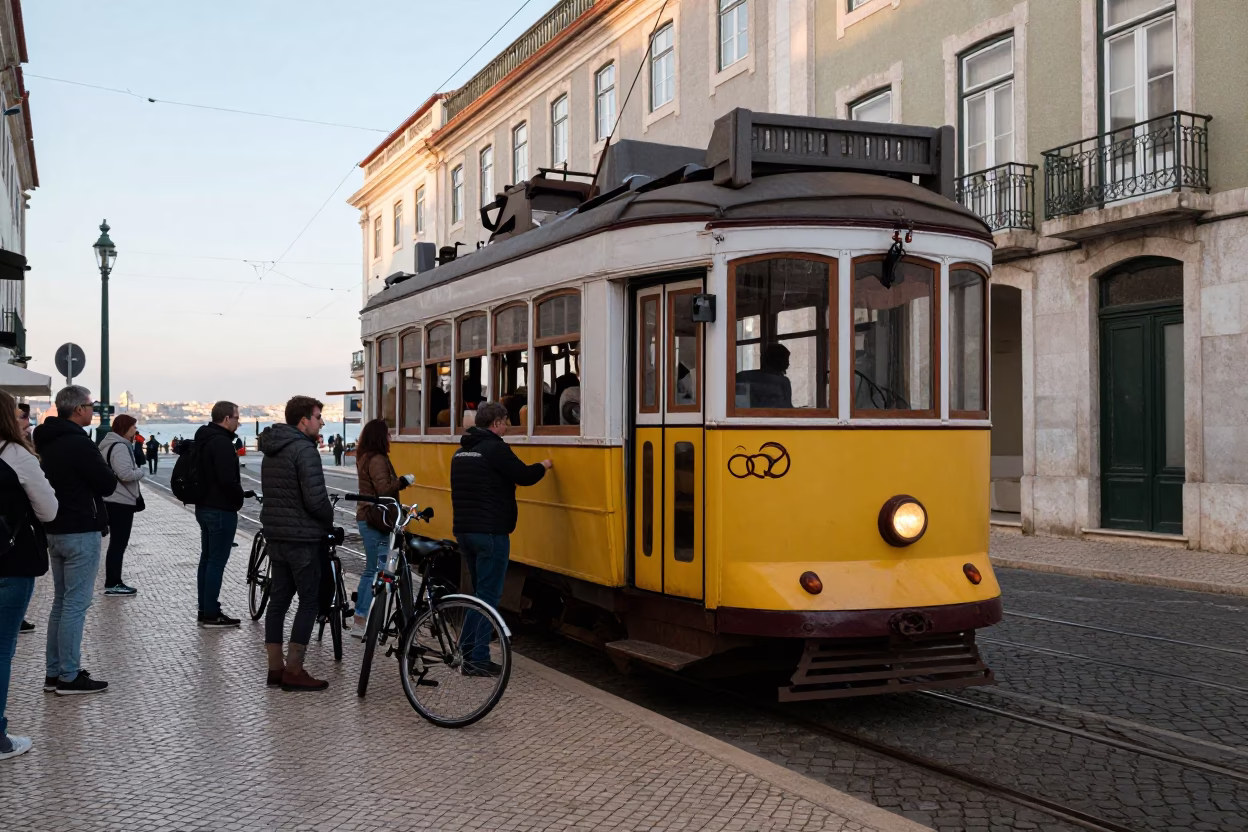 Lisbon Tram 28 Passenger Loading at Dock During Early Evening Golden Hour in in Lisbon, Portugal