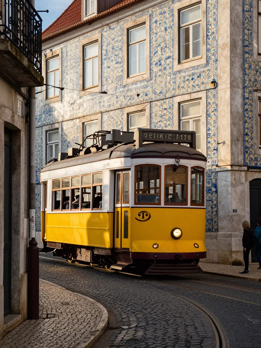 Lisbon Tram 28 Passing Historic Tile-Faced Building in Late Afternoon Sun in in Lisbon, Portugal