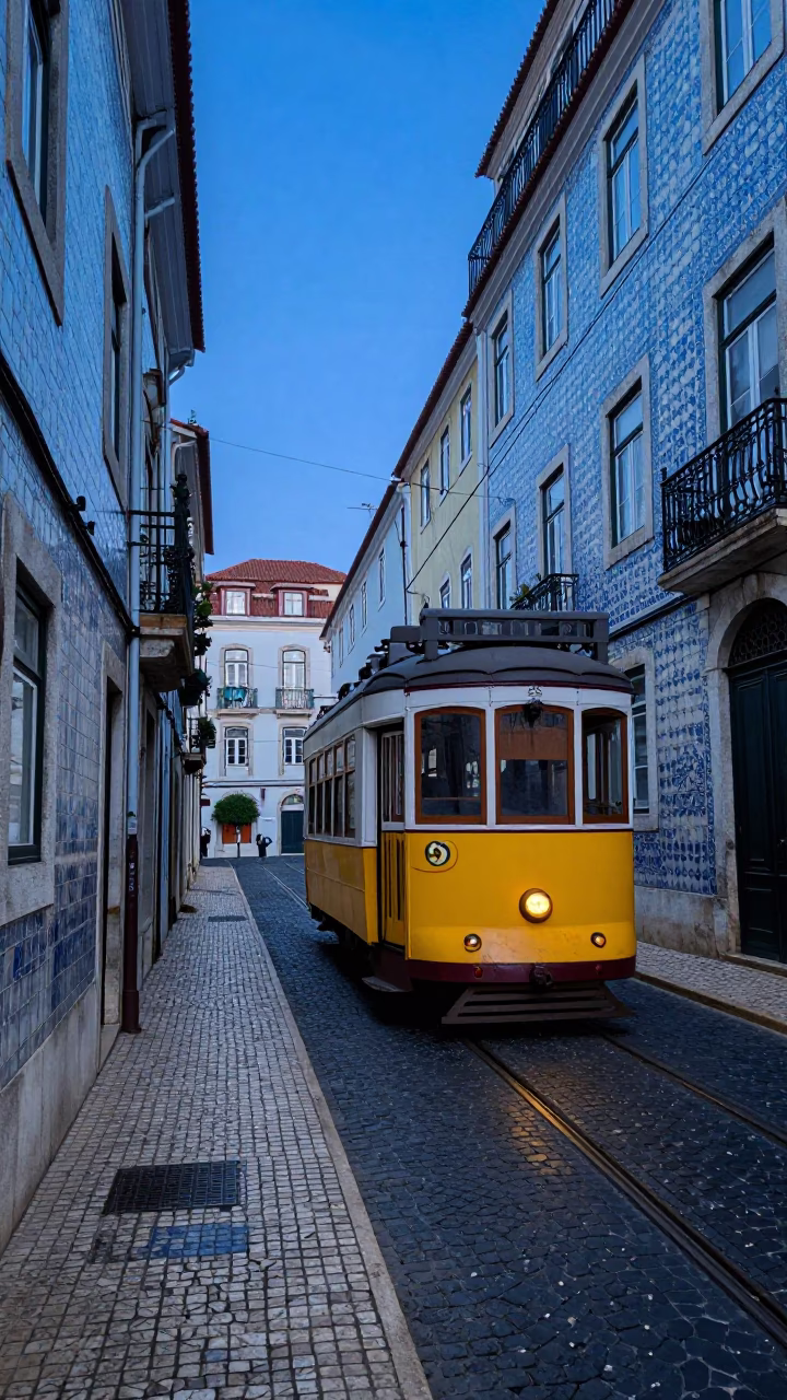 Lisbon Tram 28 Passing Past Blue Azulejo Tiles and Indigo Twilight Sky in in Lisbon, Portugal