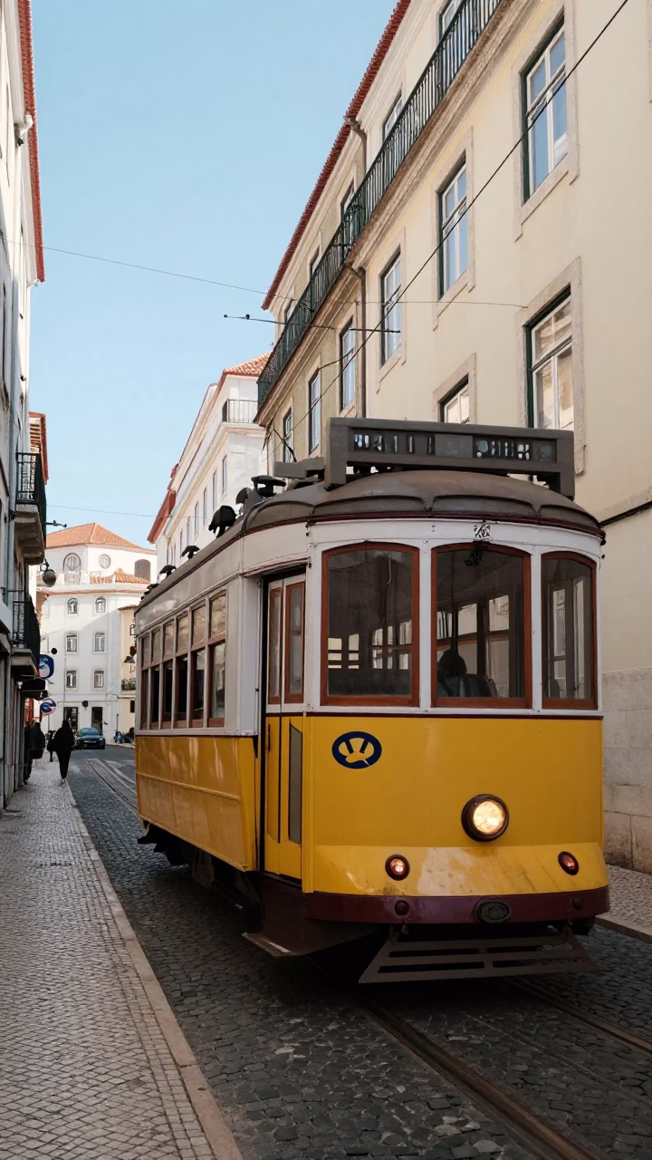 Lisbon Tram 28 Route with Yellow Facades and Clear Late Afternoon Light in in Lisbon, Portugal