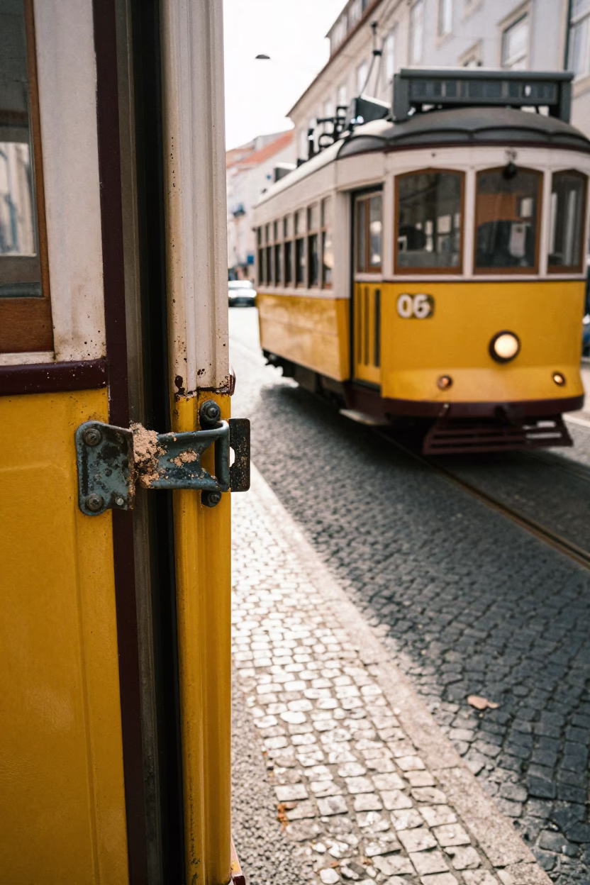 Lisbon Tram 28 Street Scene with Dust on Latch and Taho Bowl in in Lisbon, Portugal
