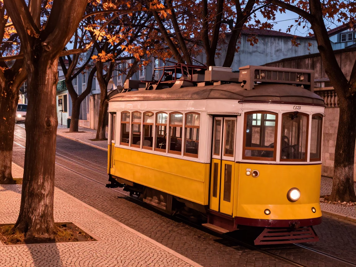 Lisbon Trolley 28 Copper Light Tree Lined Avenue Dusk in in Lisbon, Portugal