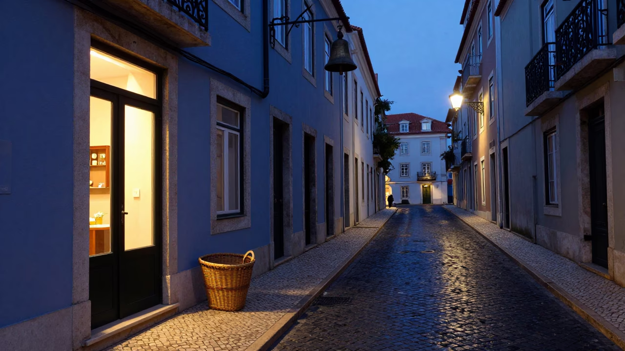 Lisbon Twilight Street Scene with Bell and Woven Basket in Indigo Dusk in in Lisbon, Portugal