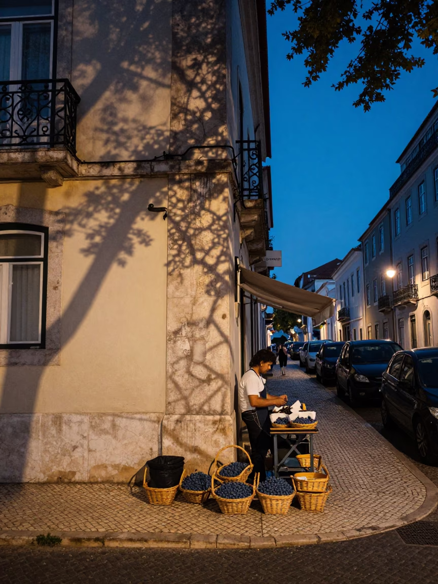 Lisbon Twilight Street Scene with Blueberries and Wicker Shadows in in Lisbon, Portugal