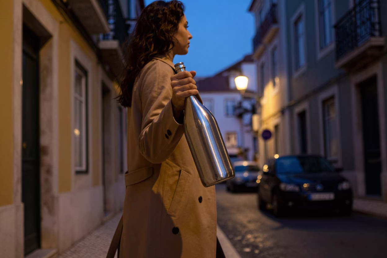 Lisbon Twilight Street Scene with Brushed Steel Bottle and White Dog near Tram Tracks in in Lisbon, Portugal