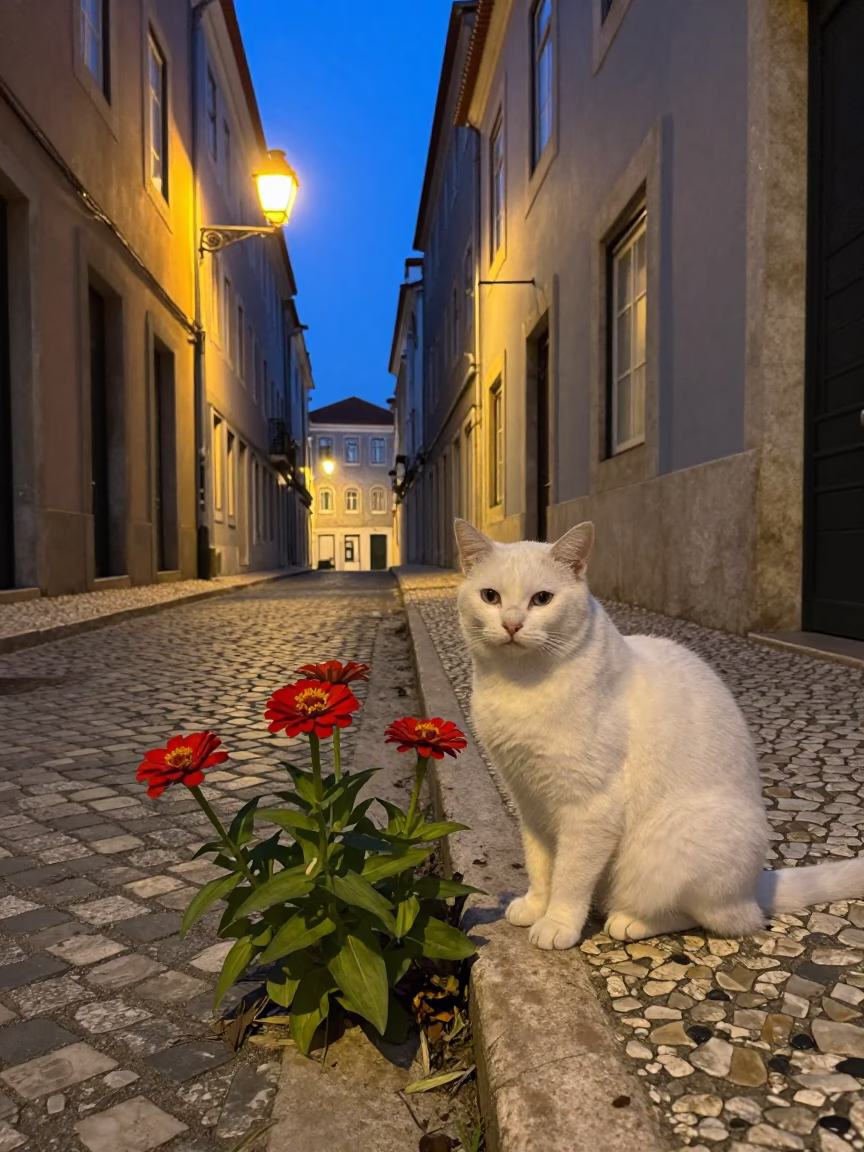 Lisbon Twilight Street Scene with Cat and Zinnias in in Lisbon, Portugal
