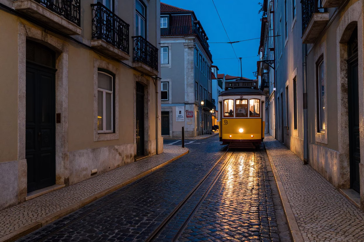 Lisbon Twilight Street Scene with Neon Reflections and Traditional Azulejo Tiles in in Lisbon, Portugal