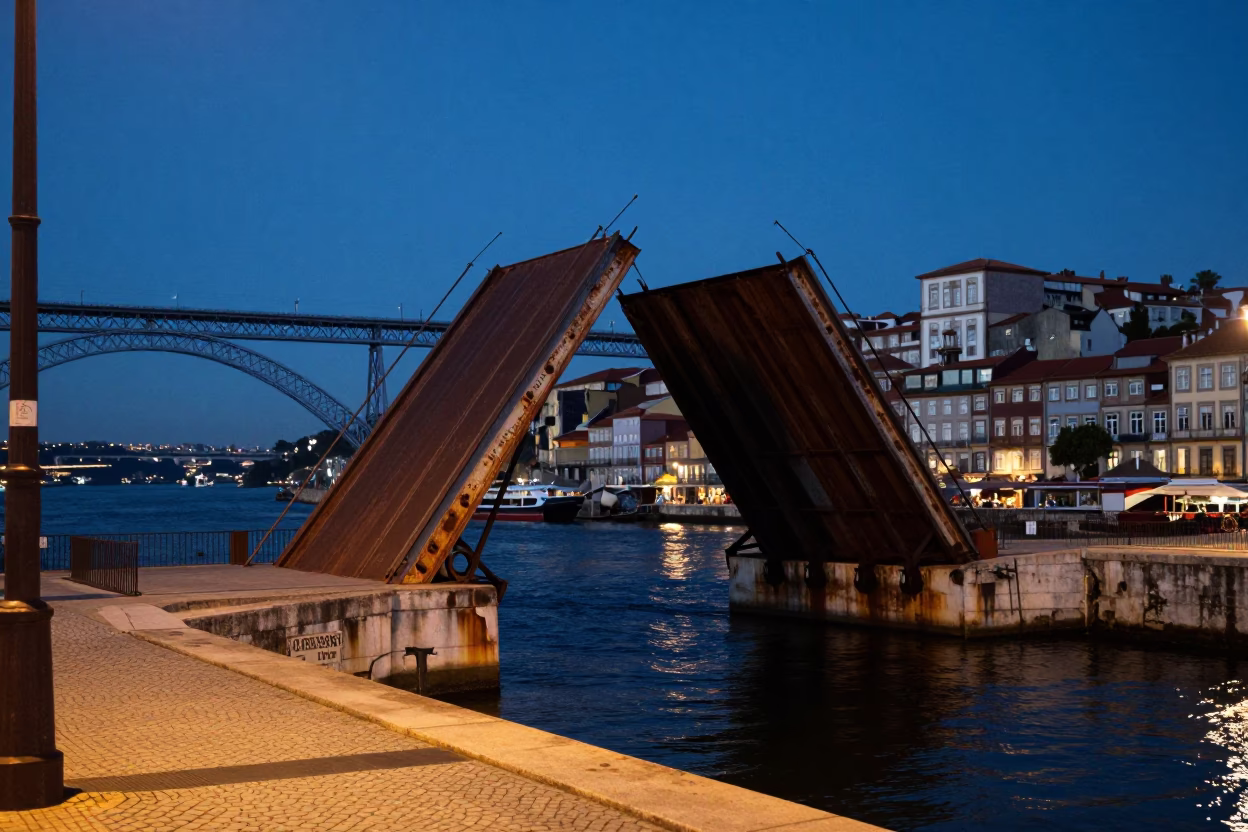 Lisbon Twilight Street Scene with Rusted Drawbridge and Local Dining in in Lisbon, Portugal