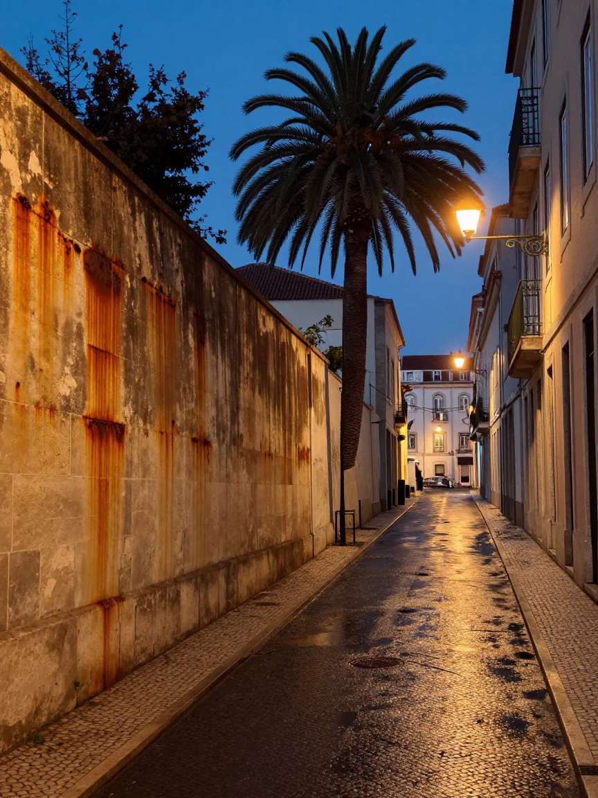 Lisbon Twilight Street Scene with Rusty Walls and Palm Trees in in Lisbon, Portugal