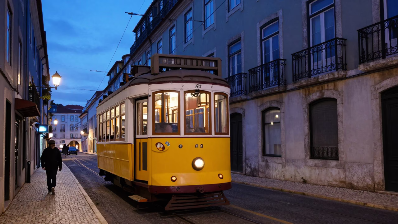 Lisbon Twilight Street Scene with Tram and Blue Shutters in Portugal in in Lisbon, Portugal