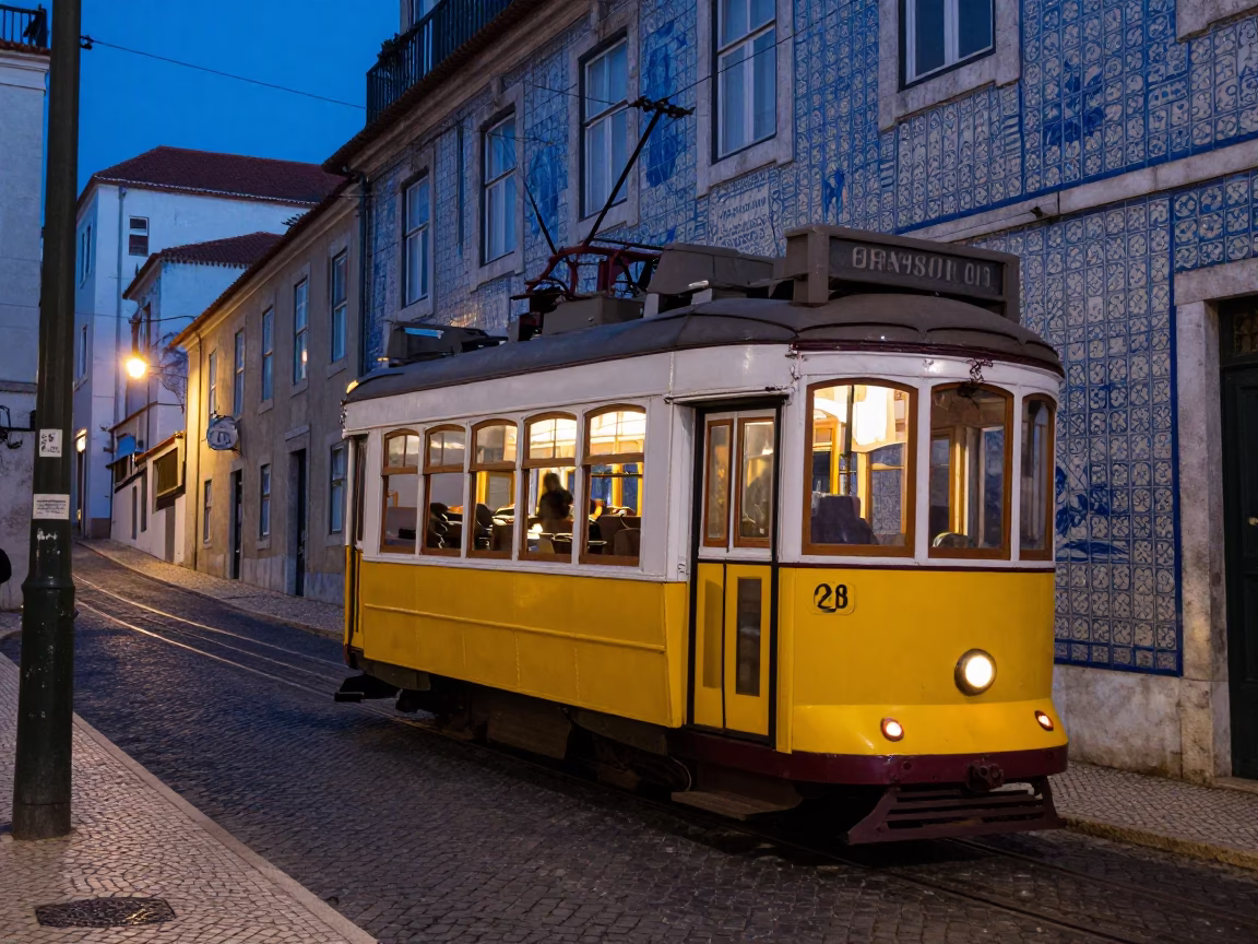 Lisbon Twilight Street Scene with Yellow Tram and Azulejo Tiles in in Lisbon, Portugal
