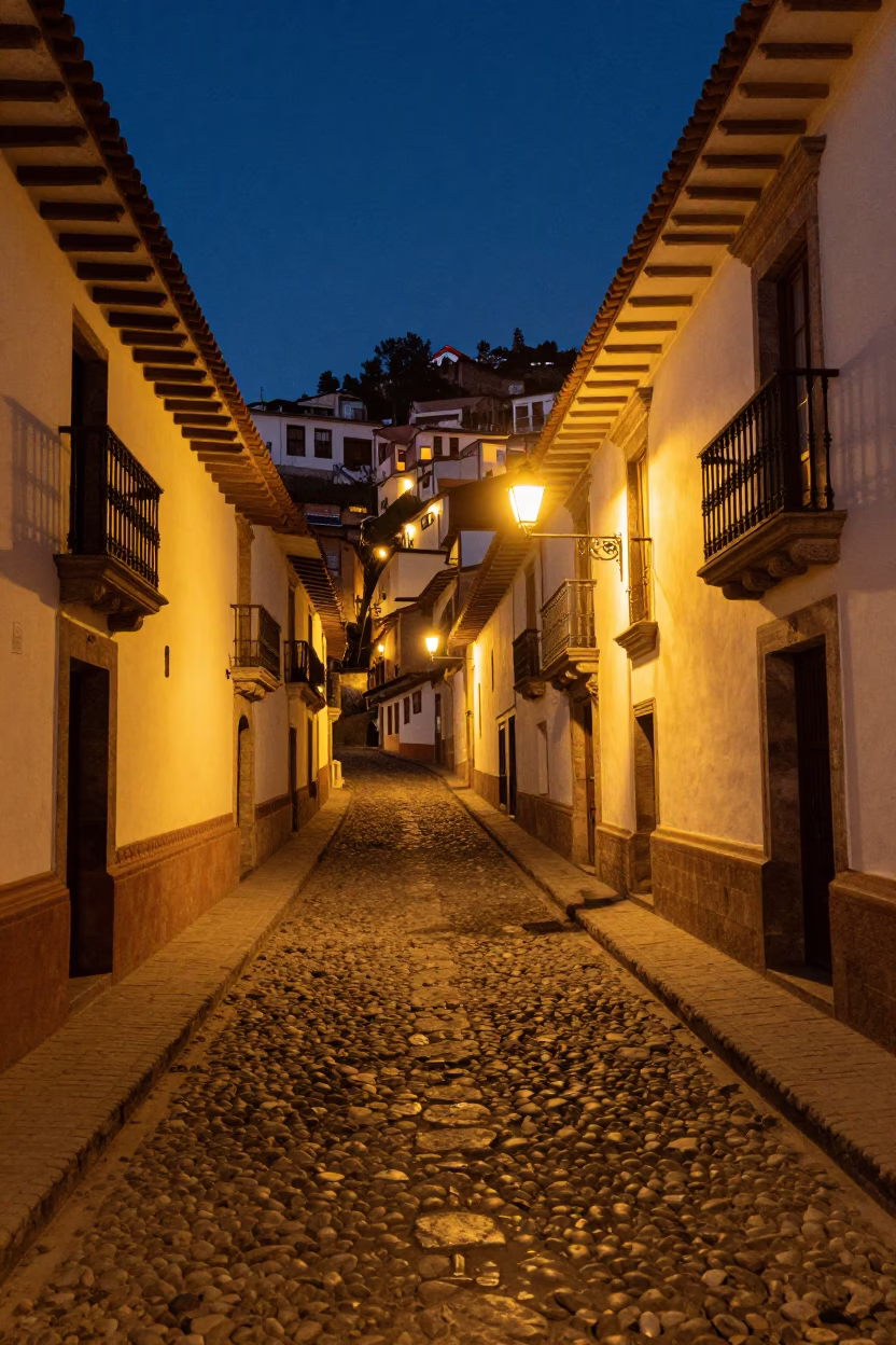 Lit Alley at Late At Night Light in La Paz in in La Paz, Bolivia