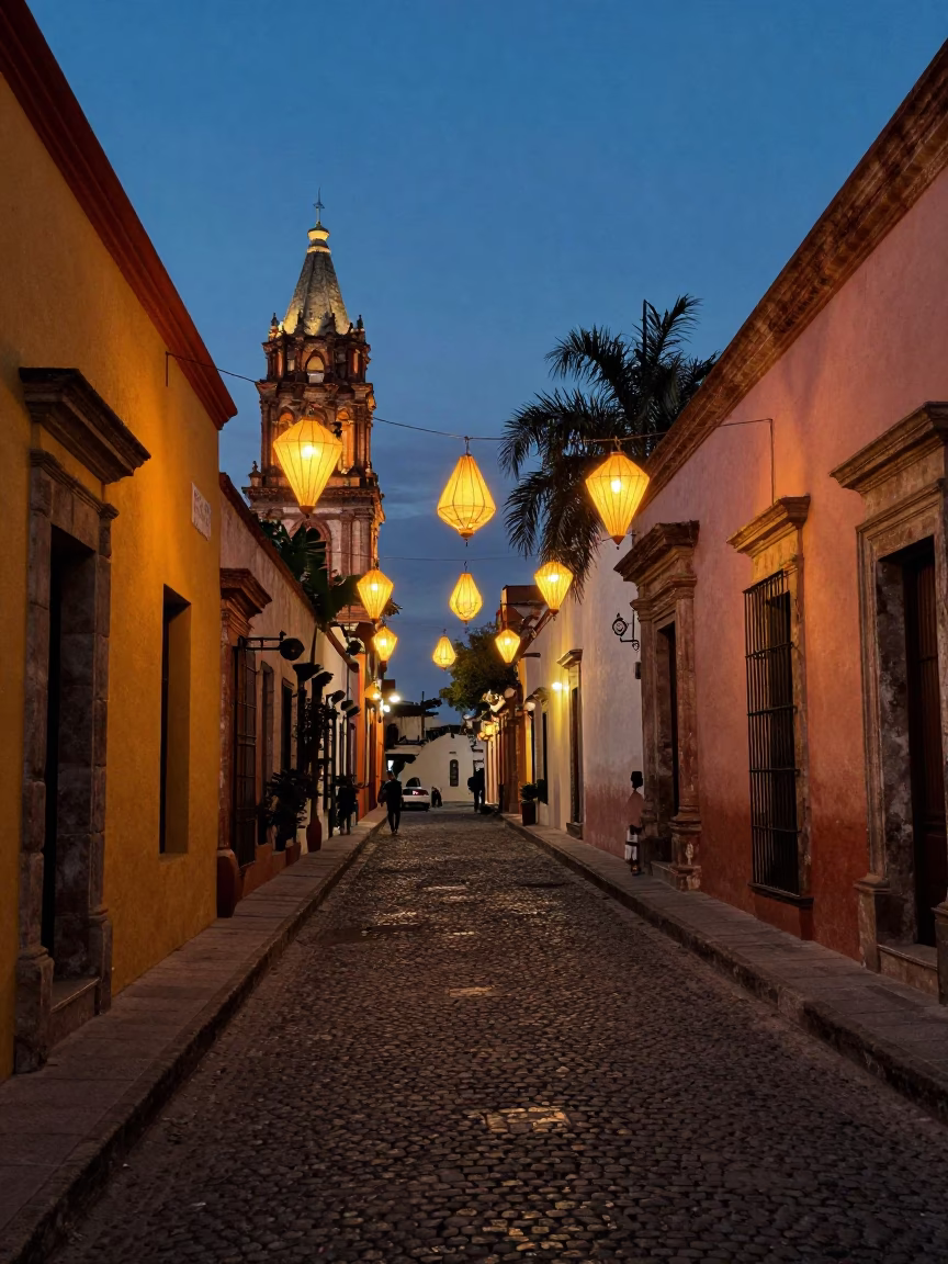 Lit Alley in Oaxaca at Indigo Twilight After Sunset in in Oaxaca, Mexico