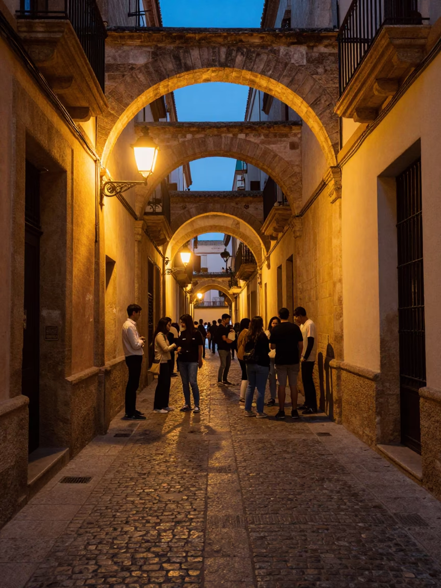 Lit Alley in Valencia at The Last Blue Light Of Evening in in Valencia, Spain