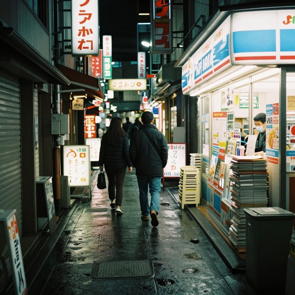 Lit Alleyway at Deep In The Night Light in Tokyo in in Tokyo, Japan